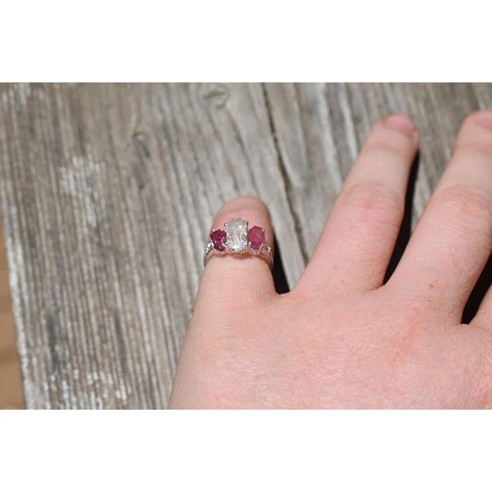 Engagement ring Raw Crystal  with Pink Tourmaline and Quartz Handmade Silver Thr